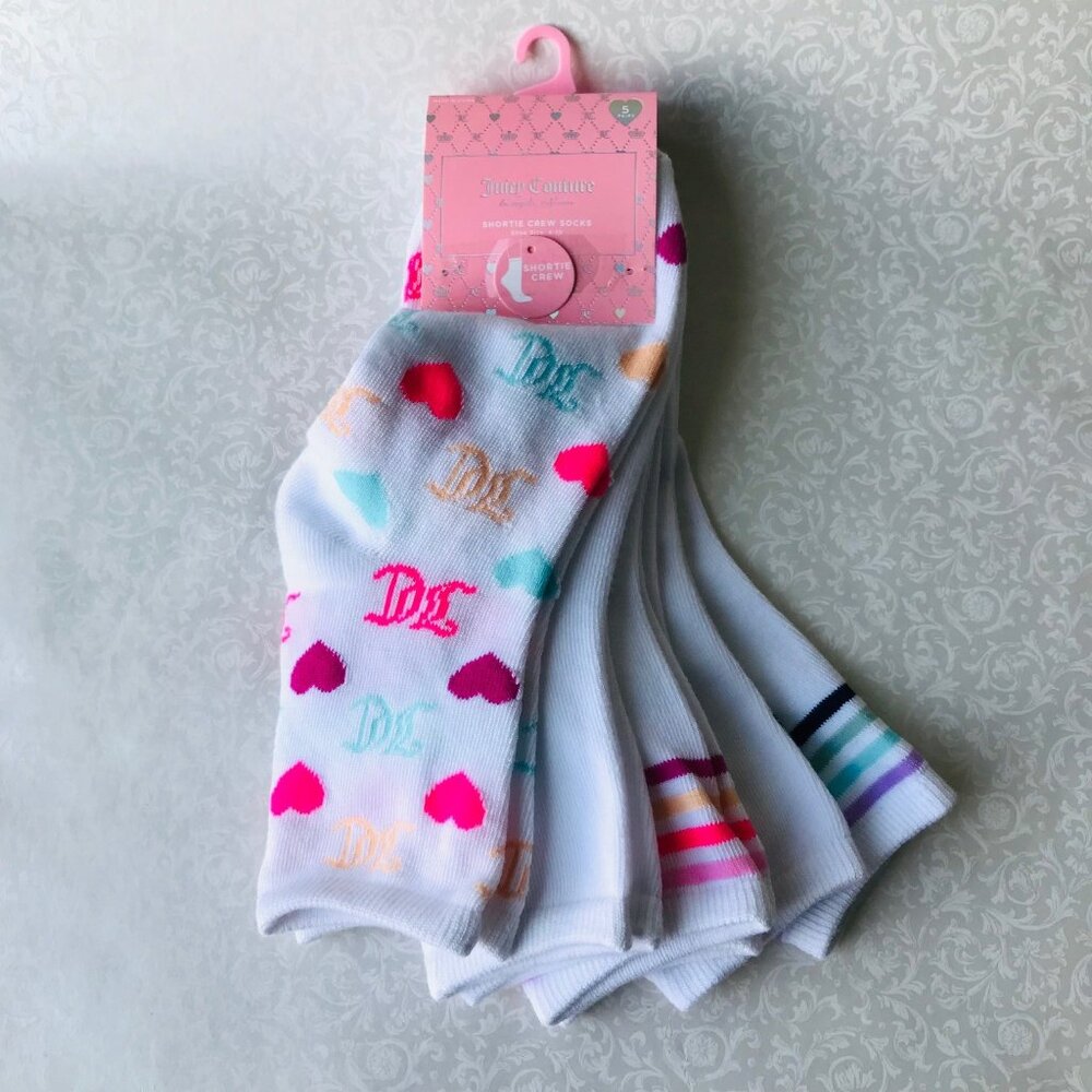 Juicy Couture Shortie Crew  Socks White & Pink  Size : 4-10  5 Pk
